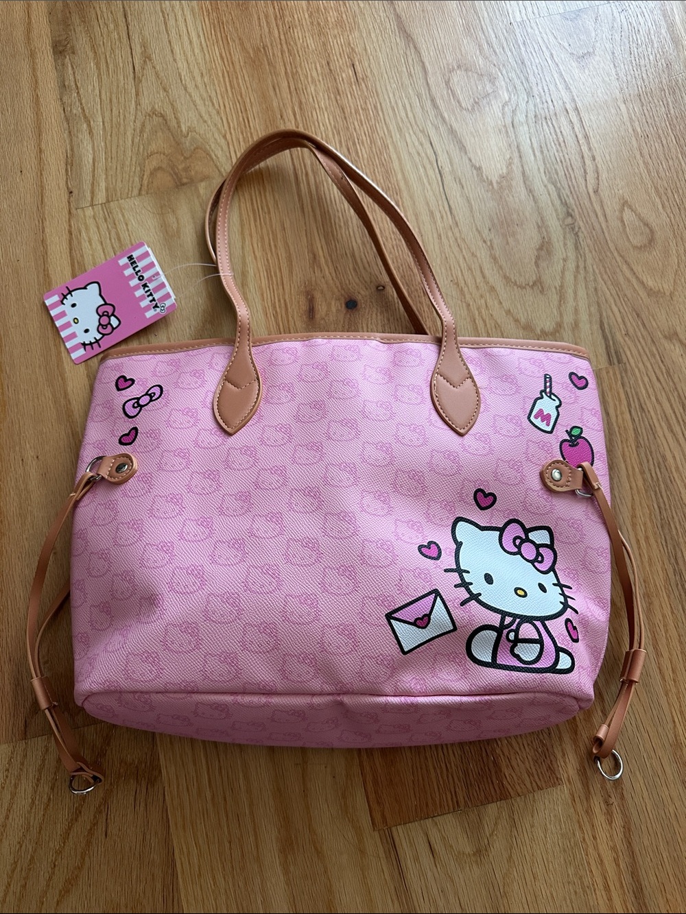 Hello Kitty Pink Tote with Tan Handles and Cute Character Print